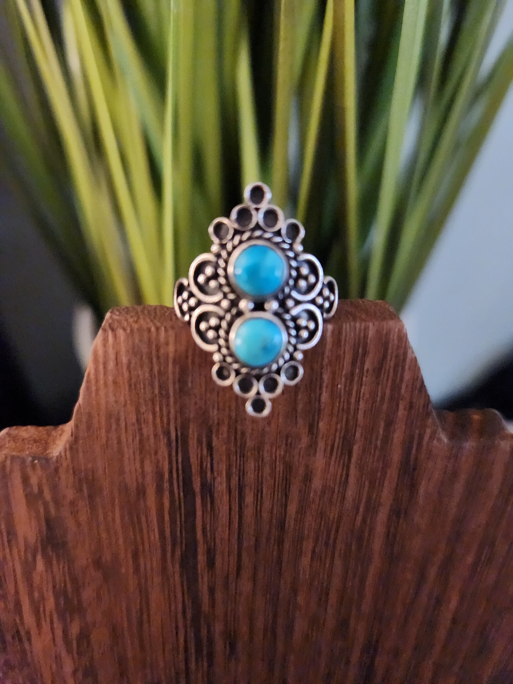Kingmam Turquoise Double Stone Filigree Sterling Silver Ring Size 8
